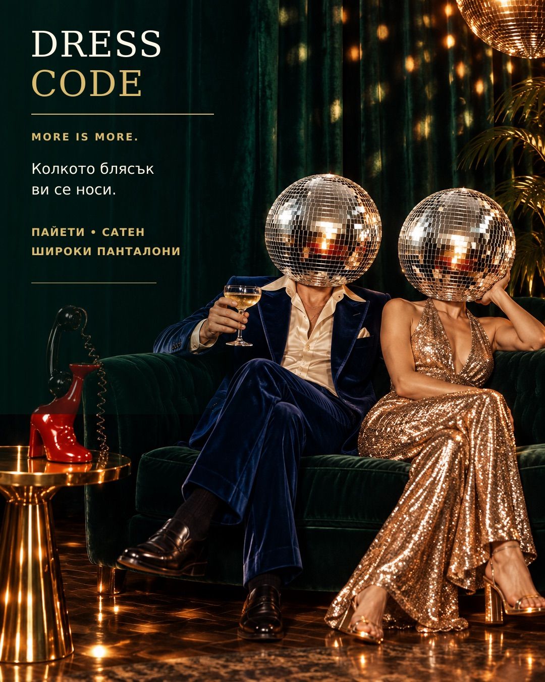 Couple in disco outfits on a velvet sofa